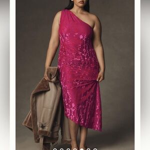 Hutch One-Shoulder Ruched Velvet Dress Hot pink velvet floral Size L